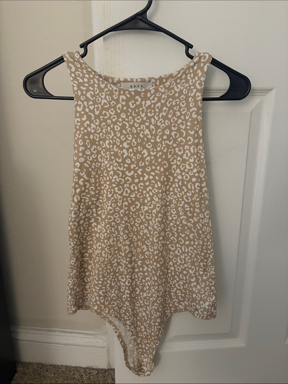 Beige and White Leopard-Print Sleeveless Bodysuit